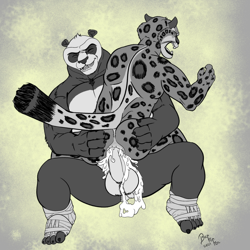 2boys anthro balls barfurmon cum dreamworks duo erection furry genitals interspecies kung_fu_panda male male_only master_po_ping muscular nude penis po sex simple_background smile tai_lung_(kung_fu_panda) yaoi