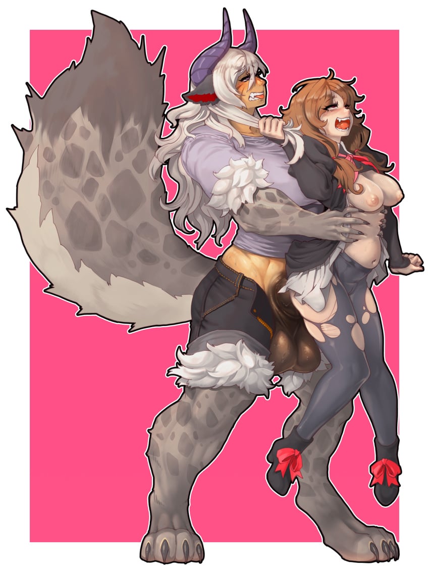 1futa 1girls 2024 animal_ears animal_genitalia animal_humanoid animal_penis arm_tuft ayaqerb balls big_breasts big_tail bottomwear breasts claws clothing colored dickgirl digital_drawing_(artwork) digital_media_(artwork) digitigrade duo elbow_tuft female fluffy fluffy_tail from_behind_position fur futa_on_female futanari genitals gynomorph hair hi_res horn horned_humanoid huge_cock human humanoid intersex intersex/female knee_tuft larger_gynomorph larger_intersex leg_tuft lifting_partner light-skinned_female light-skinned_futanari light_skin long_hair looking_pleasured mammal markings monster_girl pants penetration pulling_hair raised_tail sex shaded simple_background size_difference smaller_penetrated spots spotted_body spotted_fur standing stomach_bulge tail toe_claws tongue tongue_out torn_bottomwear torn_clothing torn_pants touching_hair tuft vaginal_penetration