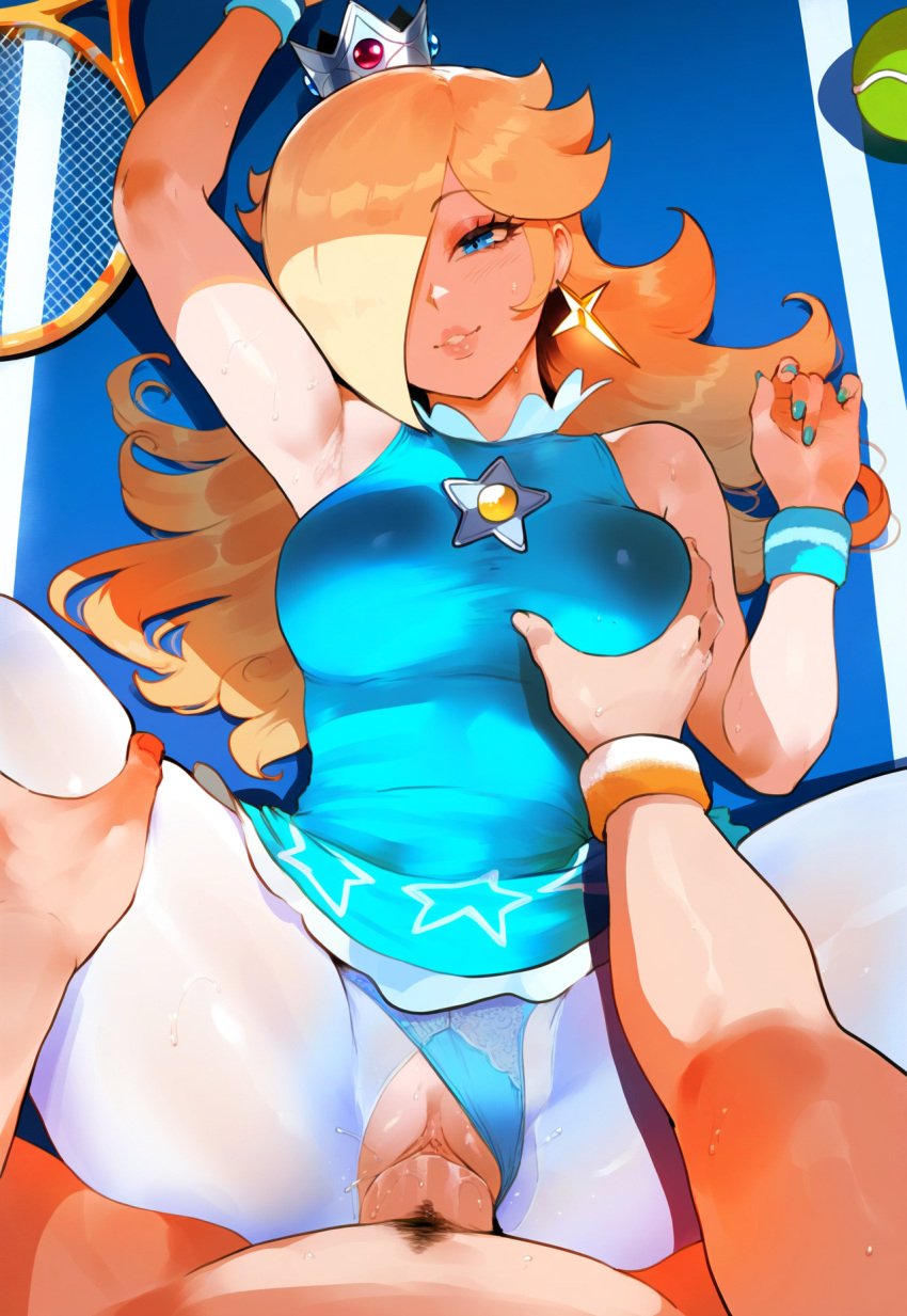 1boy 1girls ai_generated blue_panties breast_grab breasts clothed_sex deep_penetration grabbing_another's_breast looking_pleasured male_pov mario_(series) mario_tennis missionary_position panties panties_aside pantyhose pov princess_rosalina sex sportswear super_mario_bros. tennis_court thighs tittyg-ai torn_pantyhose vaginal_penetration white_pantyhose