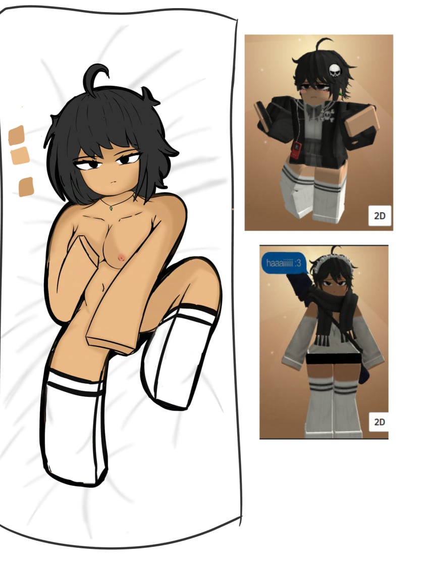 1girls ahoge areolae belly_button black_hair black_stripes blocky_body breasts covering_crotch dakimakura female female_only hand_on_breast looking_at_viewer medium_breasts mostly_nude necklace nipples nude reference_image roblox roblox_avatar robloxian self_upload shiro_1567 short_hair solo stomach tan_skin thighhighs thighhighs_only thighs white_thighhighs