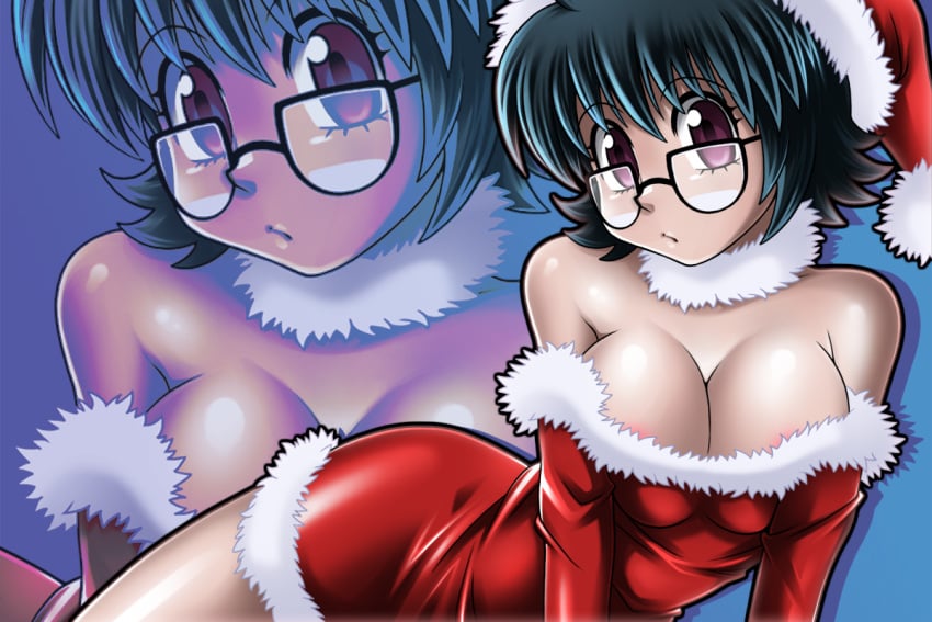 1girls areola_slip big_breasts black_hair breasts christmas christmas_outfit cleavage curvy female female_focus female_only glasses hoimin human hunter_x_hunter large_breasts looking_at_viewer pale-skinned_female pale_skin phantom_troupe pinup posing shizuku_murasaki short_hair shounen_jump tagme villainess wide_hips