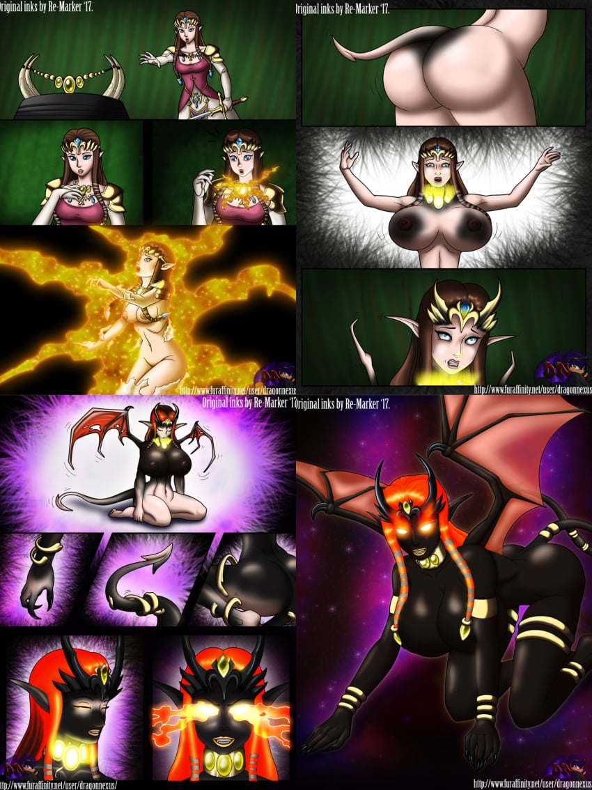 ass_expansion assimilation breast_expansion corruption dark-skinned_female demon demon_girl demon_horns demon_tail demon_wings dragonnexus enemy_conversion female huge_ass huge_breasts identity_death lip_expansion nipples possession princess_zelda re-maker story_at_source succubus the_legend_of_zelda thick_thighs transformation wide_hips zelda_(twilight_princess)