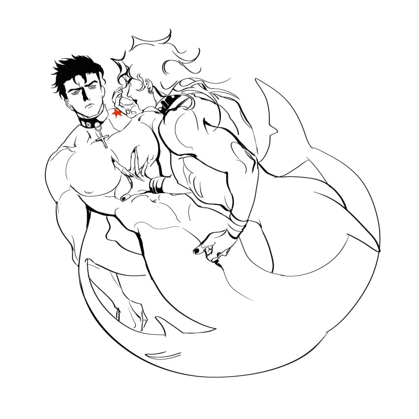 2boys animal_genitalia ashva choker collar dio_brando earrings fingering half-human hand_on_stomach humanoid incest joestar_birthmark jojo's_bizarre_adventure jotaro_kujo line_art male male_only merfolk merman painted_nails sketch slit slit_fingering stardust_crusaders yaoi