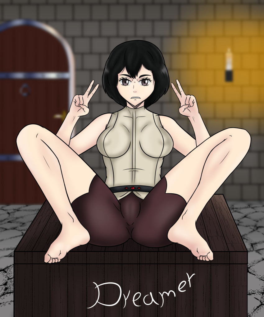 1girls angry barefoot black_clover black_hair double_peace_sign double_v feet mariella no_shoes short_hair spread_legs the-dreamer toes v