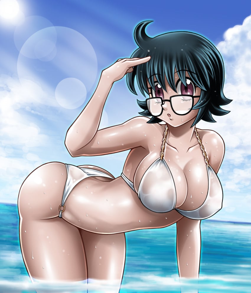 1girls beach big_breasts bikini black_hair booty breasts curvy female female_only glasses hoimin human hunter_x_hunter large_breasts looking_at_viewer pale-skinned_female pale_skin phantom_troupe shizuku_murasaki short_hair shounen_jump solo swimsuit tagme thick_thighs villainess wet wide_hips