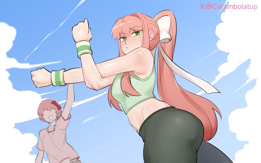 2girls ass breasts butt carambolatup doki_doki_literature_club exercise exercising female_focus green_eyes long_hair monika_(doki_doki_literature_club) sayori_(doki_doki_literature_club)