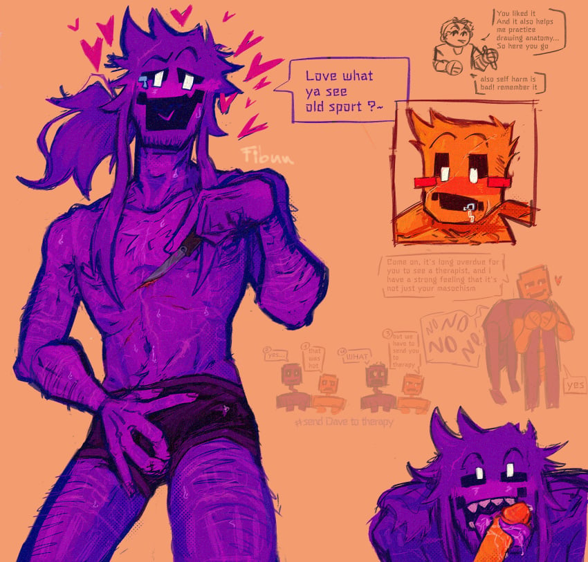 2boys blood blowjob blush body_hair boxers crying cuts dave_miller_(dayshift_at_freddy's) davesport dayshift_at_freddy's dsaf gay jack_kennedy_(dayshift_at_freddy's) long_hair long_tongue male male/male male_focus male_only masochism orange_body orange_hair precum purple_body purple_hair scar scars self_harm smile yaoi zhenshen