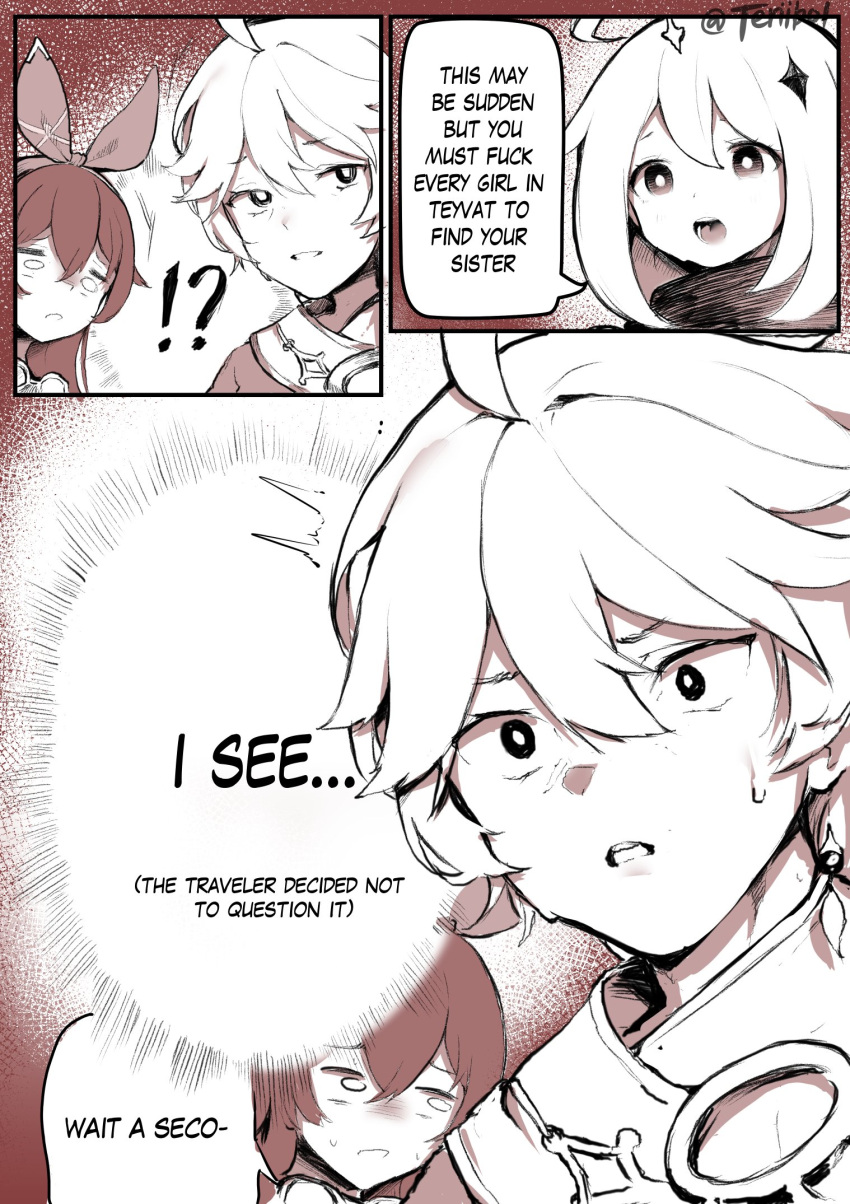 1boy 2girls aether_(genshin_impact) amber_(genshin_impact) comic confusion english_text female genshin_impact highres male monochrome nervous paimon_(genshin_impact) speech_bubble teriibol