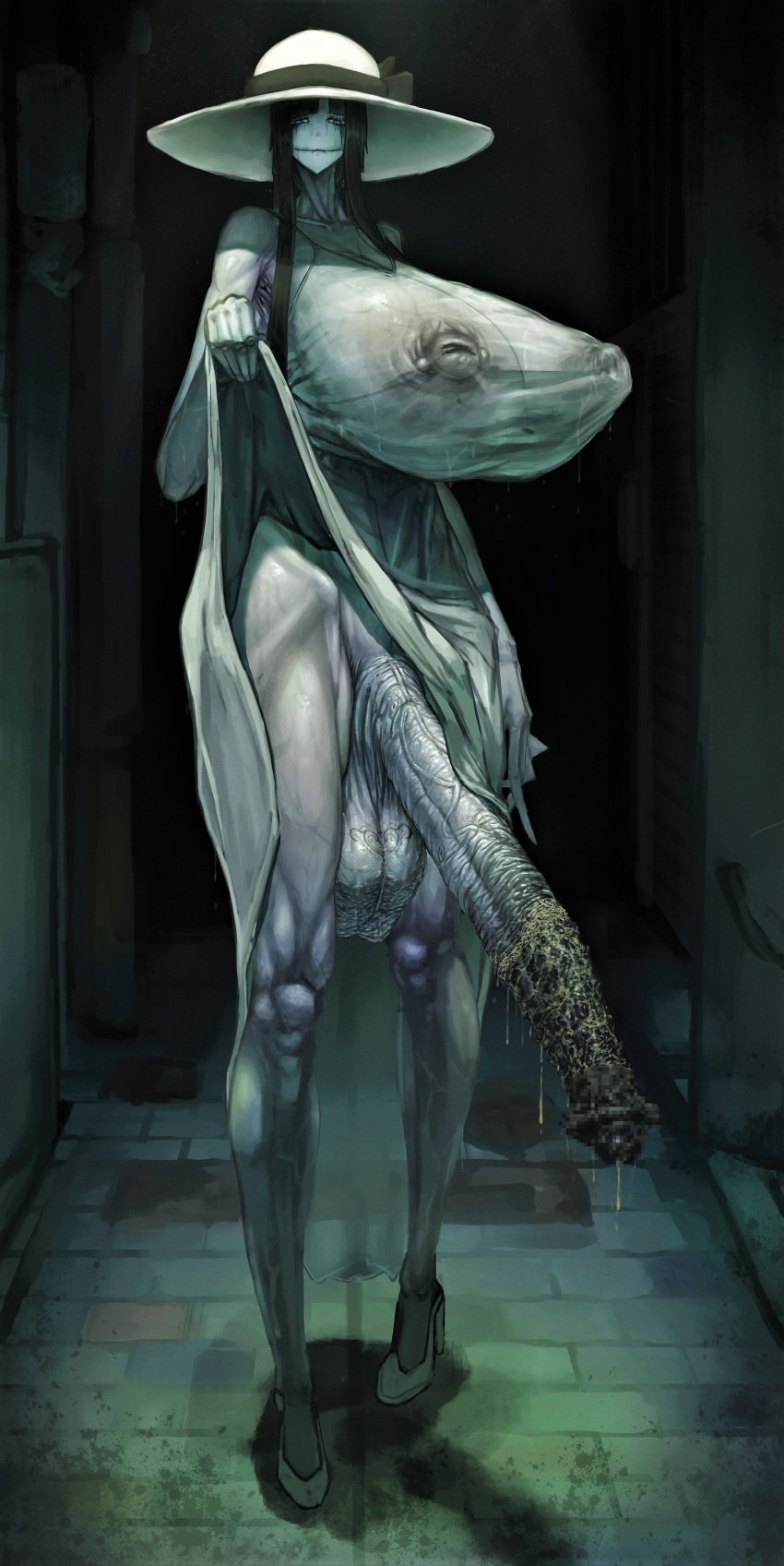 canvassolaris clothed clothing demon futanari hasshaku-sama hat huge_balls huge_breasts huge_cock hyper_penis japanese_mythology looking_at_viewer messy monster nasty smegma veins veiny_penis