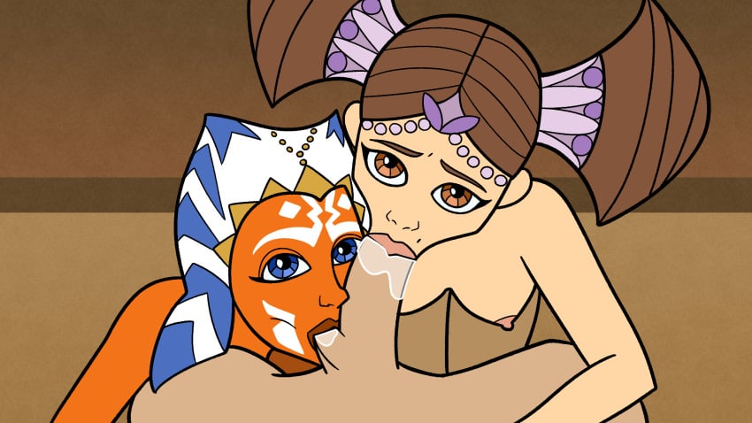 ahsoka_tano alien anakin_skywalker artist_request blowjob fellatio interspecies padme_amidala saliva star_wars threesome