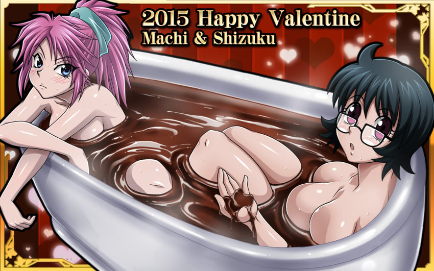 2girls bathtub black_hair breasts chocolate female female_only hoimin human hunter_x_hunter large_breasts machi_komacine multiple_girls pale-skinned_female pale_skin phantom_troupe pink_hair shizuku_murasaki short_hair shounen_jump tagme villainess