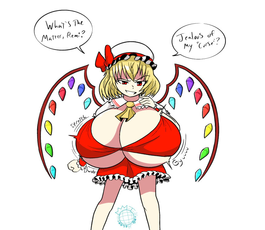 barely_contained_breasts blonde_hair bow brat bratty breast_expansion breasts bursting_breasts cleavage crystal_wings dialogue expansion_sounds filling_up finger_to_mouth flandre_scarlet frilled_skirt huge_breasts kingmelon mob_cap offscreen_character pale_skin raised_eyebrow red_eyes red_shirt red_skirt short_hair small_but_busty smug smug_grin sound_effects speech_bubble straining_clothing touhou underboob vampire wings