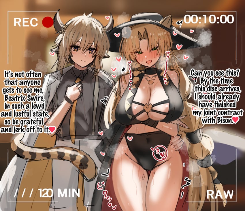 1boy 1girls animal_ears arknights aroused barefoot big_breasts bison_(arknights) black_one-piece_swimsuit blonde_hair blush braided_hair breasts camera_view chest cleavage clothes english_text fangs filming green_eyes hand_around_waist hand_under_breasts hat head_tilt heart heavy_breathing hips horn/wood horns kemonomimi large_breasts long_hair looking_at_viewer navel_visible_through_clothes necklace netorare one-piece_swimsuit open_mouth smile standing steaming_body swimsuit swire_(arknights) swire_the_elegant_wit_(arknights) tail text thighs very_long_hair wet