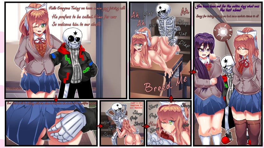 blowjob cum_in_mouth cum_in_pussy cum_inside cum_leaking doki_doki_literature_club freddyyt200 grabbing_ass grabbing_from_behind human human_female impregnation interspecies light-skinned_female light_skin monika_(doki_doki_literature_club) monster nimosity_sans ovum penis red_penis sans school_uniform skeleton slapping_ass sperm_cell sperm_meets_ovum talking undertale undertale_(series) undertale_au vaginal yuri_(doki_doki_literature_club)