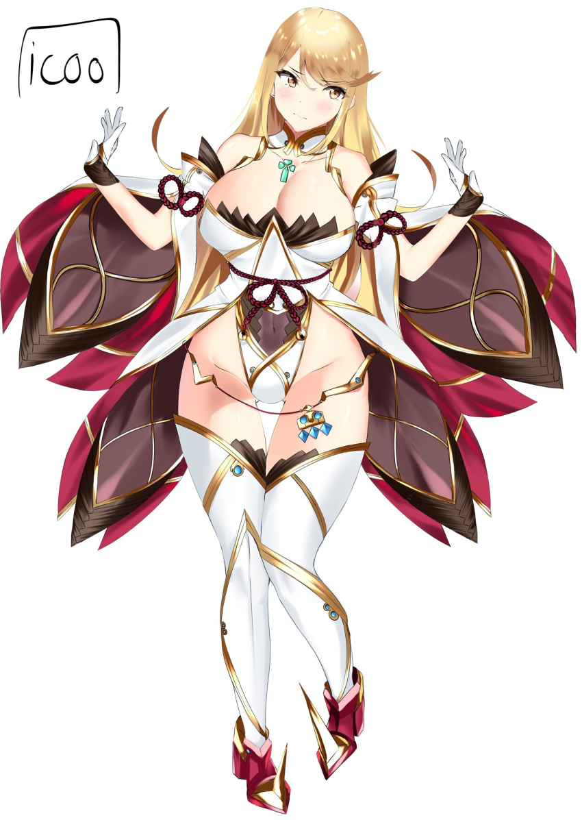 alternate_costume ass_visible_through_thighs bangs blonde_hair blush breasts colored core_crystal cosplay crystal embarrassed exposed_shoulders female gloves heels icoo large_breasts leggings long_hair mythra navel nia nia_(cosplay) nintendo swept_bangs thick_thighs thighs xenoblade_(series) xenoblade_chronicles_2 yellow_eyes