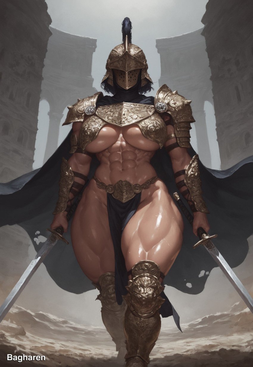 1girls abs ai_generated armor armored_boots bagharen bracers breastplate cape covered_eyes female_only gold_(metal) helmet holding loincloth muscular_female muscular_thighs navel oc original original_character self_upload shiny_skin short_hair shoulder_armor solo standing sword thick_thighs underboob visor walking weapon