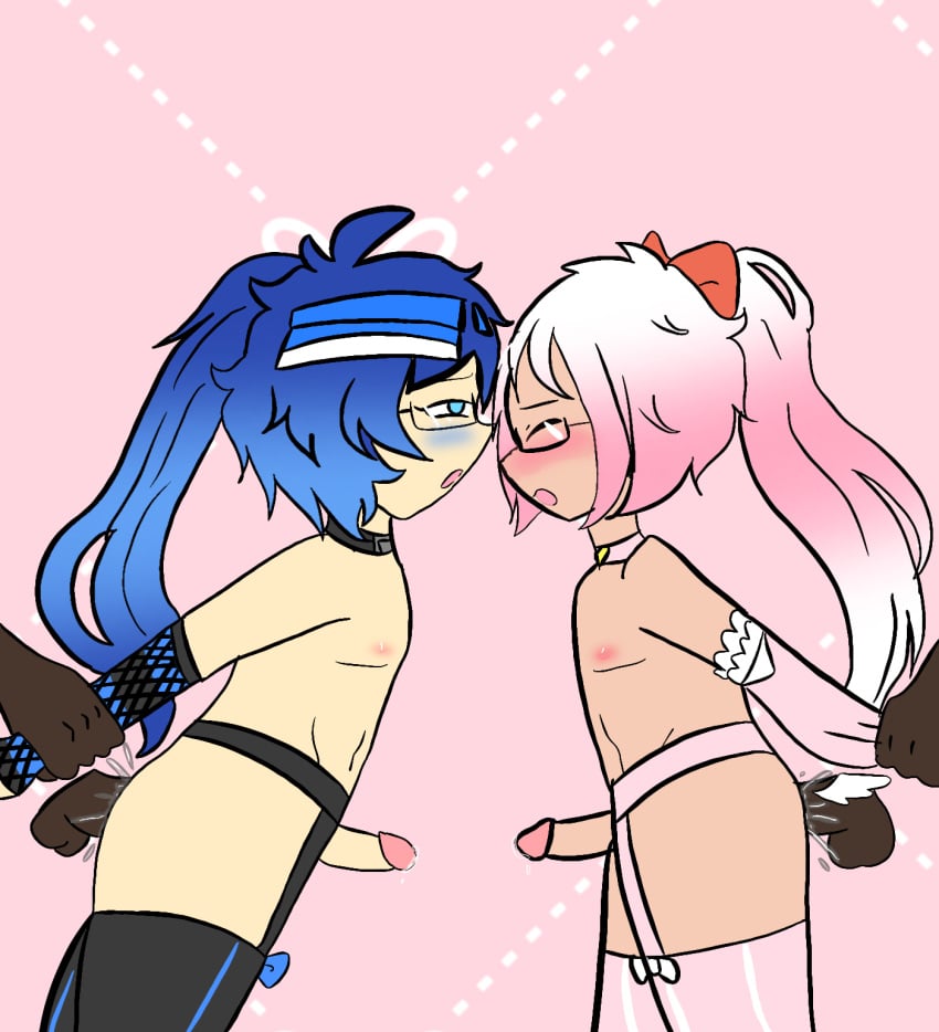 anal anonymous_artist arm_grab blue_blush blue_eyes blue_hair blush choker closed_eyes dark-skinned_male dark_skin femboy fishnets foursome garter_belt garter_straps gay gay_sex glasses group group_sex hair_ribbon lunime magical_luni multiple_boys nipples open_mouth partially_clothed penis pink_hair ponytail precum sex skimpy_clothes stockings tan_body visor yaoi