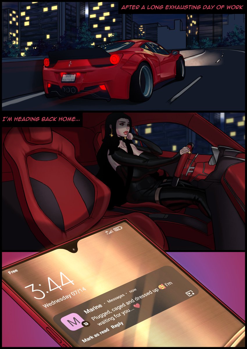 1futa 2d big_breasts big_penis black_hair breasts breasts_bigger_than_head bulge car cellphone chastity chastity_cage clothed clothing cock_sleeve cock_sleeve_(clothes) comic driving electronics english_text futa_only futanari genitalwear huge_breasts huge_cock light-skinned_futanari light_skin original otto_cubze pale_skin penis_under_clothes phone scarlett_(ocubze) solo solo_futa text text_message thighhighs