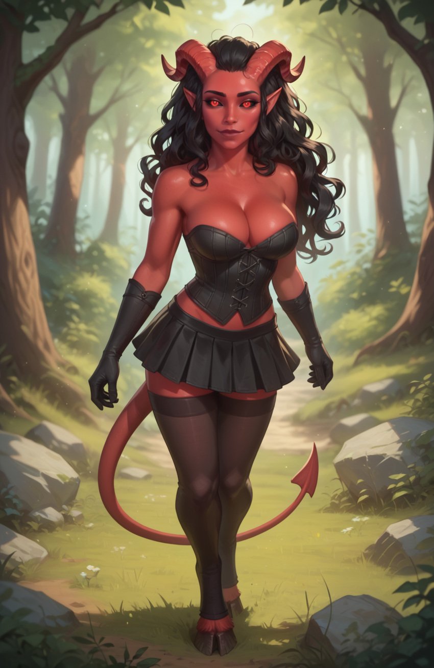 ai_generated colored_skin dungeons_and_dragons horns large_breasts miniskirt pdbai red_eyes red_skin solo solo_female standing stockings tagme tail tiefling tiefling_girl