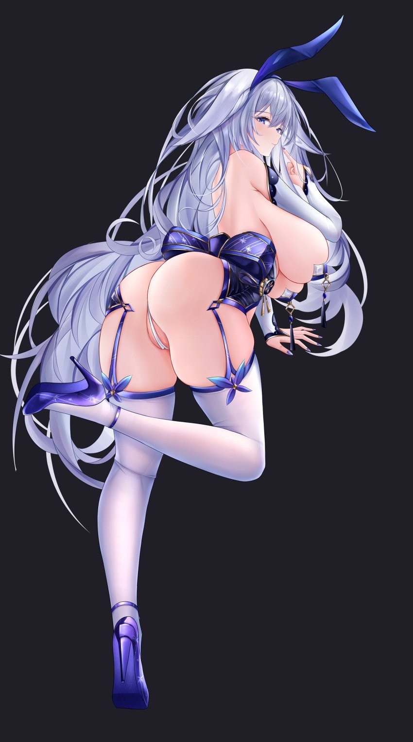 absurdres animal_ears ass azur_lane bare_shoulders black_background blue_corset blue_eyes blue_footwear blue_nails breasts corset elbow_gloves fake_animal_ears female full_body gloves grey_hair high_heels highres huge_breasts iue_(artist) looking_at_viewer nail_polish rabbit_ears shinano_(azur_lane) simple_background solo tassel thighhighs thong white_gloves white_thighhighs