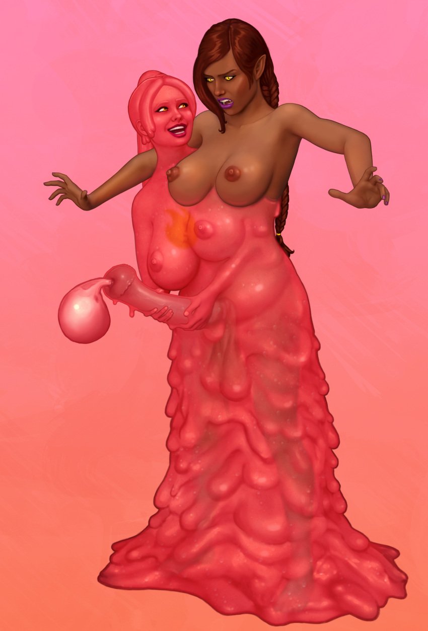 brown_hair covered_in_slime cum dark-skinned_futanari dark_elf elf_ears equine_penis fangs french_braid futanari handjob horsecock huge_balls huge_breasts huge_cock lipstick morwen_(zero_one) pink_body purple_lipstick r1ce slime_girl slit_pupils smile yellow_eyes