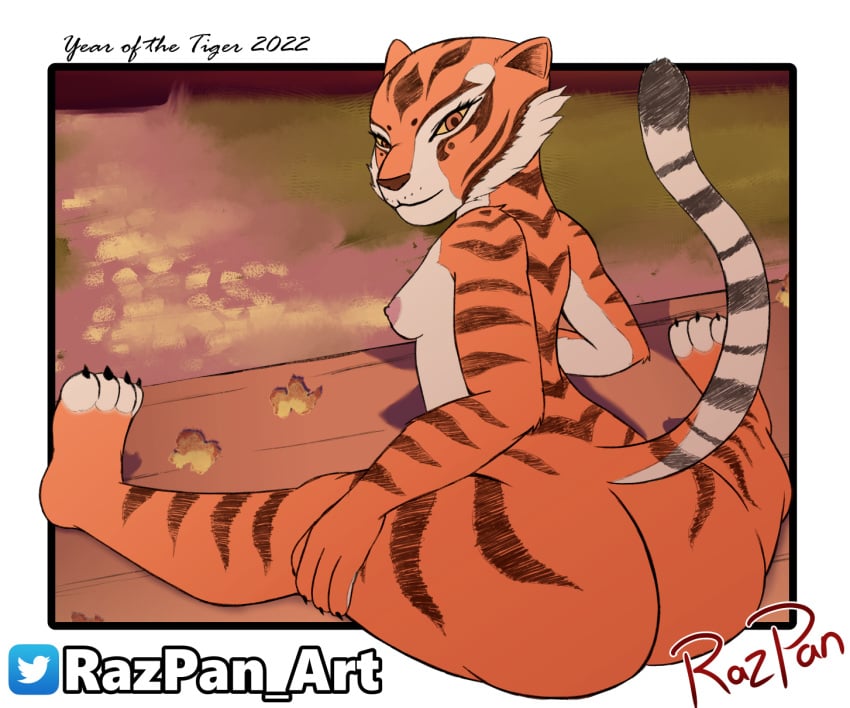 anthro ass big_butt breasts chinese_zodiac claws felid female finger_claws hi_res kung_fu_panda looking_back mammal master_tigress nude nude_female orange_body orange_eyes pantherine razpan sitting solo stripes tail tiger tigress toe_claws year_of_the_tiger