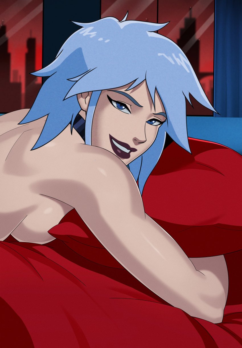 1girls 2d batman:_assault_on_arkham bed boetharch city_background cityscape cropped cropped_image dc dc_comics dcuaom edit face_focus female game_cg killer_frost killer_frost_(arkham) louise_lincoln lovekraut pillow sideboob skyline smile solo solo_female sunsetriders7