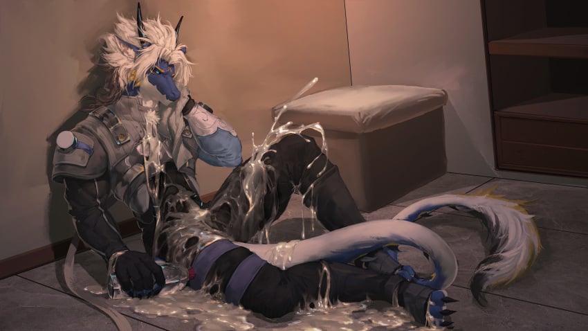 absurd_res adios_(pixiv) anthro ausen black_sclera blue_body blue_eyes blue_fur bodily_fluids bodysuit bottle bulge claws clothed clothing container cum cum_in_clothing cum_in_pants cum_through_clothing cum_through_pants dragon ejaculation erection excessive_cum excessive_genital_fluids fur genital_fluids genitals hair hi_res horn inside male mythological_creature mythological_scalie mythology penis scalie sitting sitting_on_ground skinsuit solo tail thigh_strap tight_clothing water_bottle wet wet_clothing white_hair