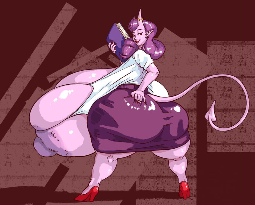 1girls ass_bigger_than_head ass_bigger_than_torso breast_expansion breasts_bigger_than_head breasts_bigger_than_torso bursting_breasts demon demon_horns enormous_ass enormous_breasts grabbing_own_ass growth hyper hyper_ass hyper_breasts looking_at_viewer looking_back solo_female squeezedjuniper tagme thick_thighs