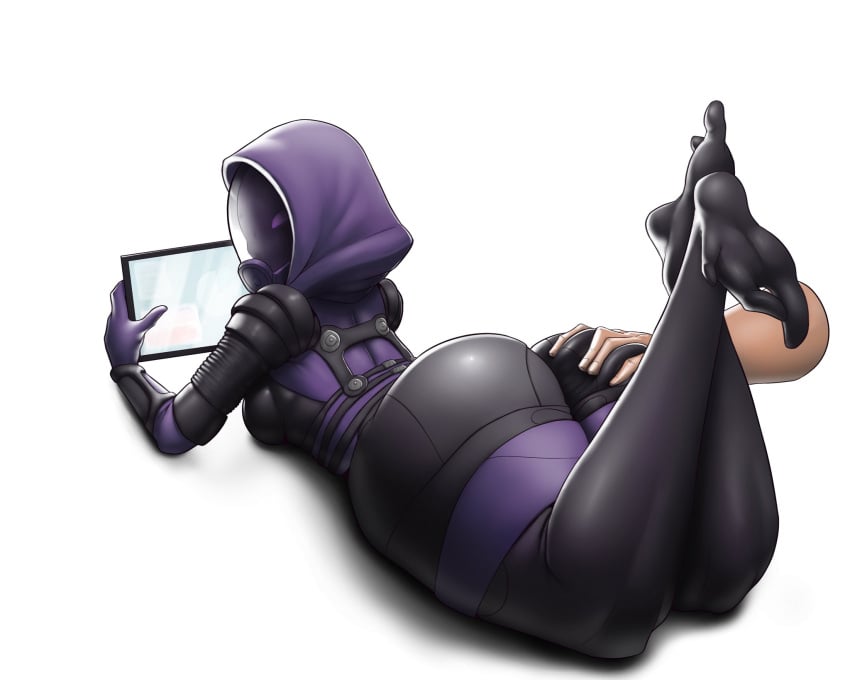 2021 ass ass_grab bodysuit delicioussoup helmet hood laying_on_stomach lickagoat looking_back mask mass_effect quarian skintight_bodysuit tali'zorah_nar_rayya thick_ass thick_thighs thighs