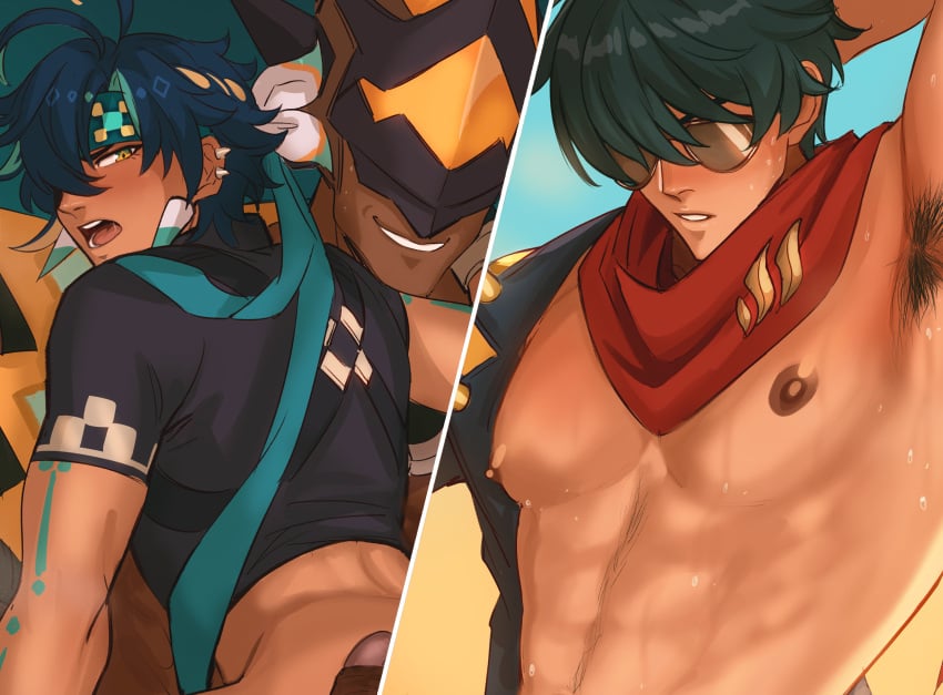 abs arm_behind_head arm_up armpit_hair armpits gay genshin_impact imminent_sex kinich_(genshin_impact) lighter_(zenless_zone_zero) male male_focus male_only muscular muscular_male nipples open_mouth pecs preview sombre_slahc yaoi zenless_zone_zero