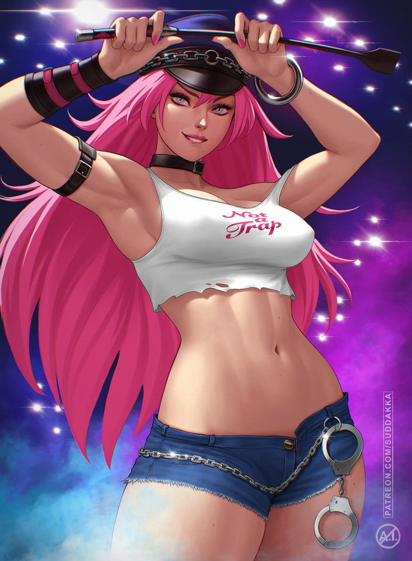 1girls abs arms_up biting_lip capcom final_fight jeans large_breasts long_hair looking_at_viewer open_clothes patreon pink_hair poison_(final_fight) shorts street_fighter street_fighter_6 strong_woman suddakka