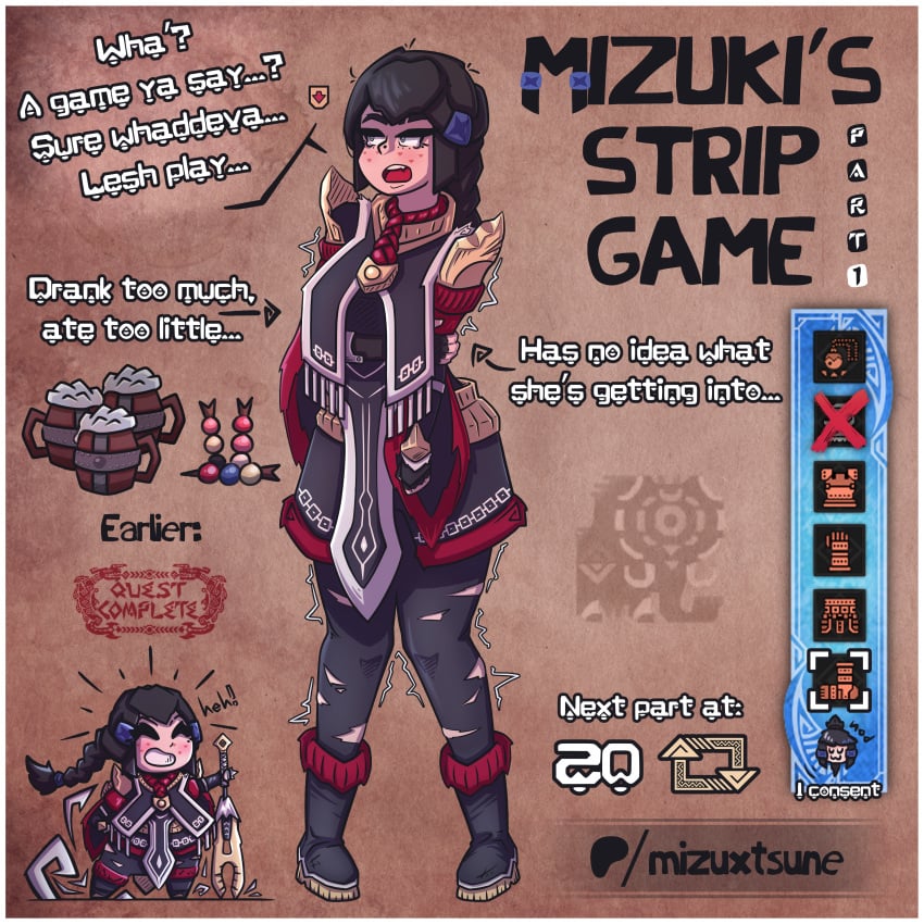 armor beer black_eyes black_hair braided_hair capcom chibi cute dango defenseless drunk female freckles freckles_on_face fully_clothed mizu_(mizuxtsune) mizuxtsune monster_hunter oc original original_character part_1 strip_game tipsy