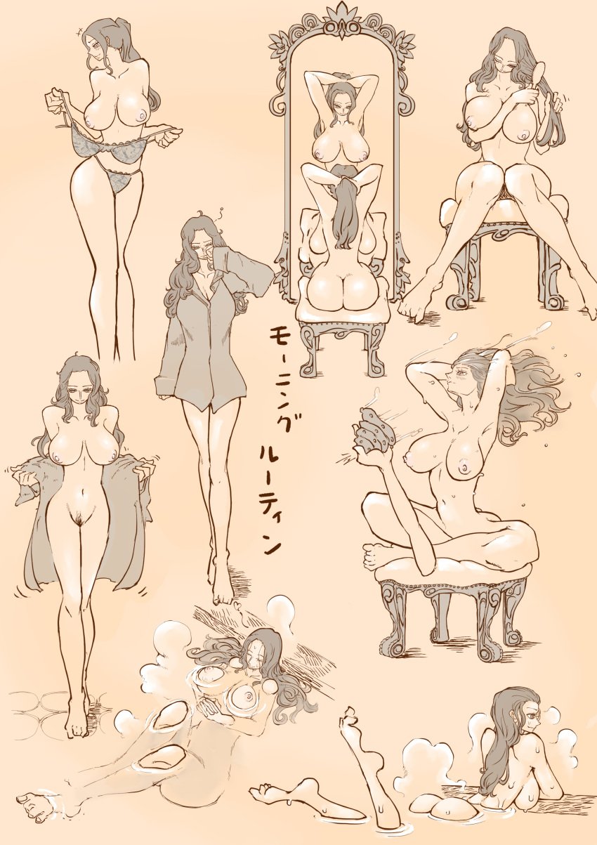 1girls ass bathing big_ass big_breasts black_hair breasts female female_only hana_hana_no_mi hanging_breasts highres long_hair long_legs middlefing1111 minimal_color mirror_reflection morning_routine nico_robin nude nude_female one_piece pubic_hair slender_body undressing waking_up