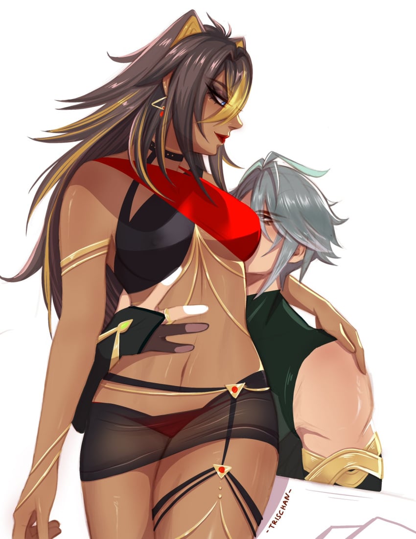 1boy 1boy1girl 1girls alhaitham_(genshin_impact) arm_around_partner dehya_(genshin_impact) female genshin_impact grey_hair hand_on_stomach hand_on_waist long_hair looking_at_partner male male/female red_lipstick revealing_clothes see-through_clothing sensual straight tanned_female thick thick_thighs thighs