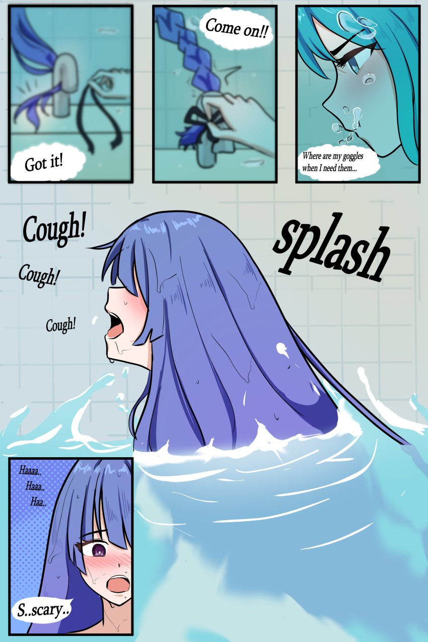 2girls air_bubbles bathtub flood flooding marima666_(artist) underwater water