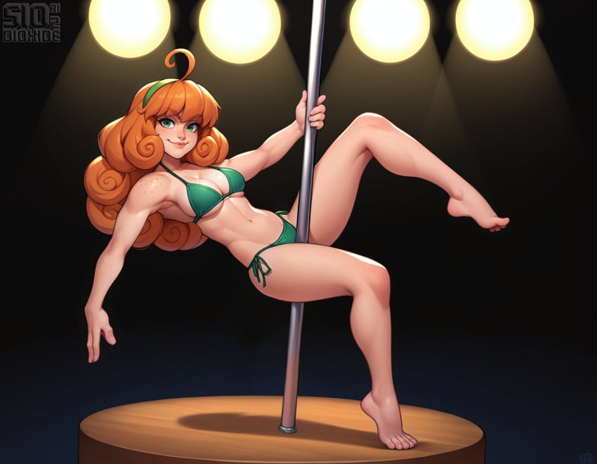 1girls ahoge ai_generated artist_name bangs bare_arms bare_legs bare_shoulders barefoot bikini breasts cleavage curly_hair dioxide feet freckles full_body green_bikini green_eyes hairband leg_up lips long_hair looking_at_viewer medium_breasts navel orange_hair penny_polendina pole_dancing rwby side-tie_bikini_bottom smile soles solo spotlight strap_gap string_bikini stripper stripper_pole swimsuit toes toned underboob