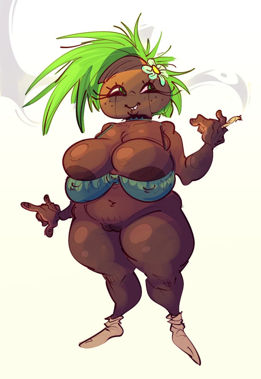 areolae areolae_peeking big_ass big_breasts big_butt breasts_peeking_out_of_shirt chubby chubby_female cigarette dark_skin dark_skinned_female egstym eyes_mostly_closed fauna flower flower_in_hair freckles freckles_on_face large_breasts oc original_character plant plant_girl plant_hair plant_humanoid smoking tagme