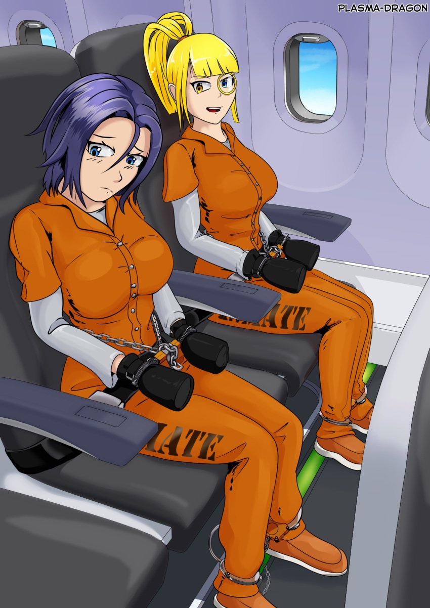 airplane airplane_interior ankle_cuffs blonde_hair bondage bondage_mittens bound bound_hands chains cuffs female female_only femsub fully_clothed handcuffs mittens plasma-dragon prison_clothes prison_uniform prisoner text_on_clothing wrist_cuffs