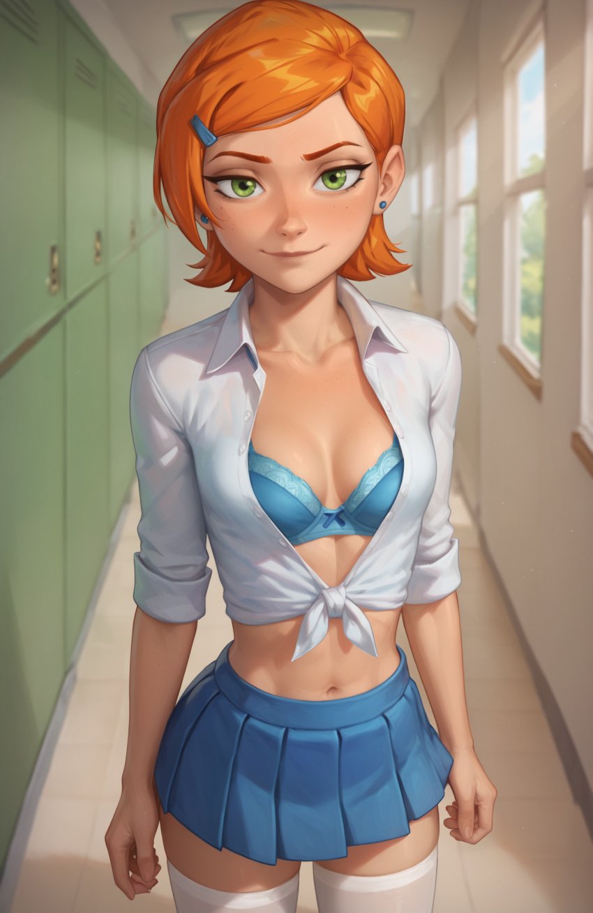 ai_generated bra cleavage ginger gwen_tennyson miniskirt pdbai red_hair school_uniform schoolgirl tagme