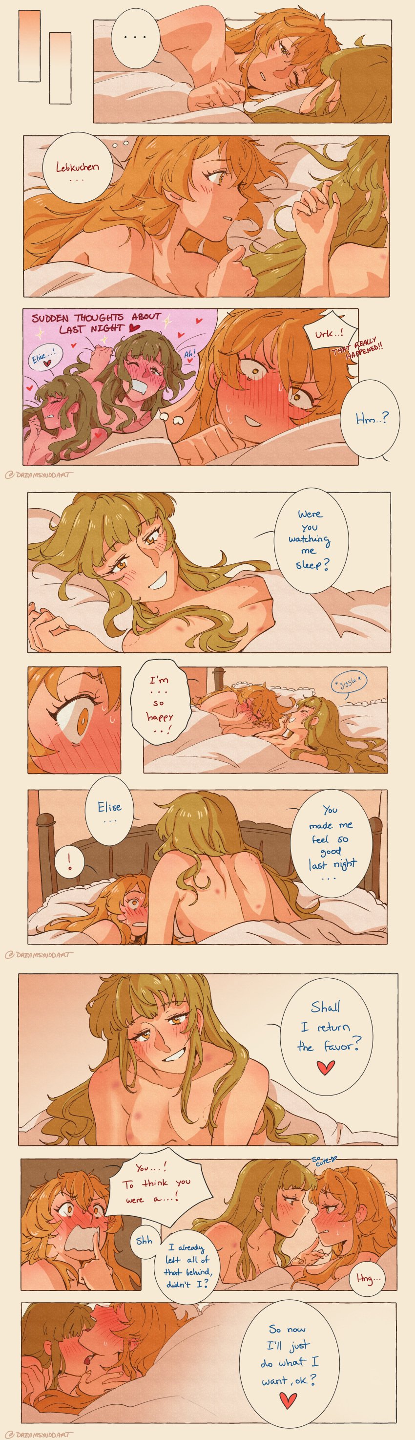 2girls absurd_res another_round bed bed_sheet bedroom bite_mark bite_mark_on_breast bite_mark_on_shoulder blonde_hair blush blushing_profusely breasts cleavage close-up closed_eyes color comic comic_strip completely_nude curly_hair dialogue dreamsynddart drooling elise_(little_goody_two_shoes) embarrassed english_text flashback flustered green_hair half-closed_eyes hand_on_another's_shoulder heart highres humor imminent_sex in_bed kiss_mark lebkuchen_(little_goody_two_shoes) licking licking_neck lighting little_goody_two_shoes long_hair looking_at_partner looking_pleasured lying lying_on_back lying_on_bed lying_on_side moaning morning_after morning_sex nervous role_reversal romantic romantic_couple sheet_grab shoulder_grab shushing slight_blush smile speech_bubble spoken_heart sweat tan_background thought_bubble under_covers waking_up wholesome wide_eyed yellow_eyes yuri