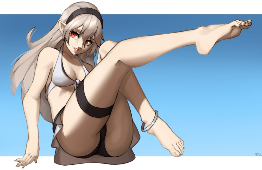 1girls absurdres alternate_costume anklet ass bangs bare_legs barefoot bikini bikini_skirt black_hairband black_panties blue_background breasts cleavage collarbone commentary corrin_(fire_emblem) corrin_(fire_emblem)_(female) corrin_(summer)_(fire_emblem)_(female) english_commentary feet fire_emblem fire_emblem_fates fire_emblem_heroes grey_hair grin hair_between_eyes hairband highres jewelry leg_up lips long_hair looking_at_viewer manakete medium_breasts nintendo official_alternate_costume panties pantyshot pink_lips pointy_ears red_eyes signature sitting skirt smile solo swimsuit teeth toenails upskirt white_bikini white_skirt white_swimsuit x_xith_x