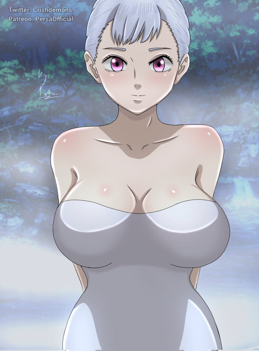 1girls arms_behind_back bathing black_clover breasts cleavage crishdemons female female_only large_breasts looking_at_viewer noelle_silva pink_eyes silver_hair smile solo solo_female steam teenager tied_hair towel watermark