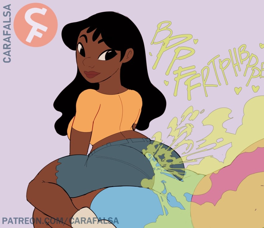 1boy 1girls big_ass big_butt black_eyes black_hair boner buttjob carafalsa dark-skinned_female dark_skin disney fart fart_cloud fart_fetish fart_on_dick farting fartjob lilo_and_stitch looking_back nani_pelekai thick_thighs watermark