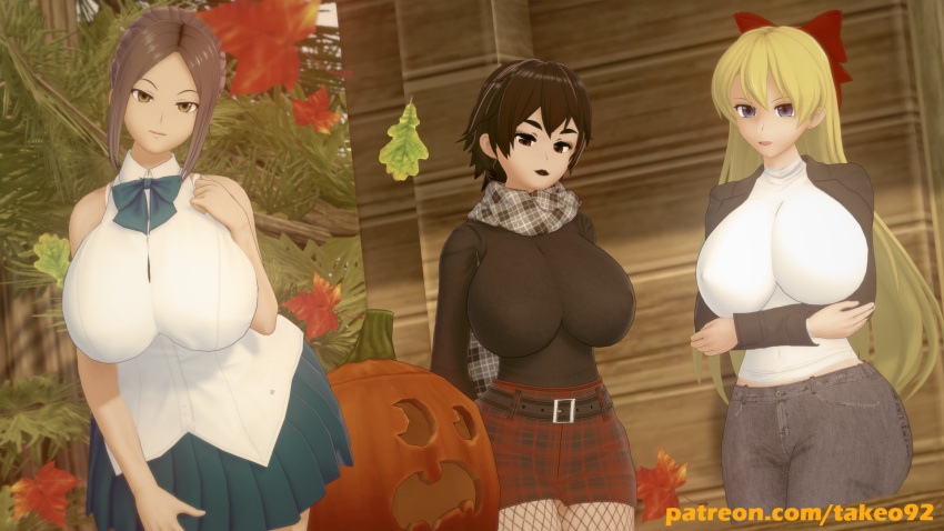 3d 3d_(artwork) 3girls autumn big_ass big_breasts bishoujo_senshi_sailor_moon black_hair blonde_hair blue_eyes brown_eyes brown_hair clothed clothing curvaceous curvy dark_makeup erect_nipples_under_clothes falling_leaves female_focus female_only fishnets halloween huge_ass huge_breasts jacket jeans koikatsu large_ass large_breasts leaning_forward long_hair looking_at_viewer minako_aino miniskirt naomi_(takeo92) nipples_visible_through_clothing open_mouth original_character pinup posing pumpkin revealing_clothes ribbon runa_(takeo92) scarf seductive seductive_look seductive_smile short_hair skirt smile spooktober takeo92 thick thick_thighs tight_clothing tight_fit wide_hips