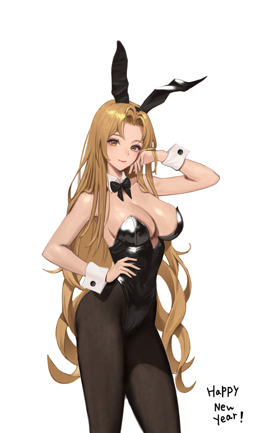 1girls absurdres alternate_costume animal_ears arm_up bare_shoulders black_bow black_bowtie black_hairband black_leotard black_pantyhose bow bowtie breasts brigid_(fire_emblem) brown_eyes brown_hair bunny_ears bunny_girl bunnysuit chinese_zodiac cleavage closed_mouth commission covered_navel detached_collar fake_animal_ears female female female_only fire_emblem fire_emblem:_genealogy_of_the_holy_war hairband hand_on_hip happy_new_year highres jonbur_man large_breasts leotard long_hair looking_at_viewer nintendo pantyhose pixiv_commission playboy_bunny rabbit_ears smile solo strapless strapless_leotard very_long_hair wrist_cuffs year_of_the_rabbit