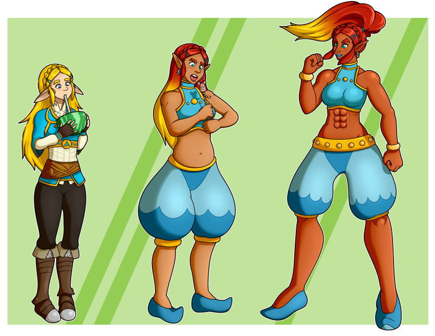 1girls abs blonde_hair blue_lipstick breath_of_the_wild cloney dark-skinned_female dark_skin earrings female gerudo gerudofication green_eyes hair_color_change height_growth hylian muscle_growth muscular_female nintendo ponytail princess_zelda race_swap red_hair solo story_at_source tagme the_legend_of_zelda transformation two_tone_hair xxcloneyxx zelda_(breath_of_the_wild)