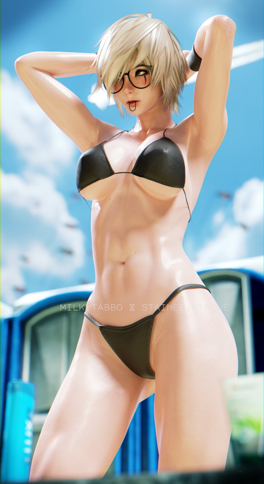 3d 3d_(artwork) armpits beach bikini black_bikini blender glasses hair_tie_in_mouth milkytabbo oc original_character short_hair sweat tomboy tying_hair wristband