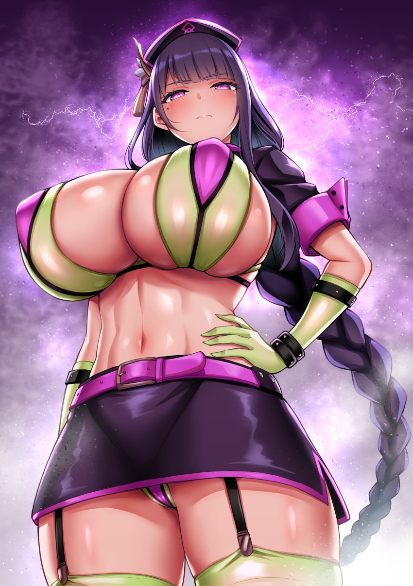 1girls 2021 beauty_mark bikini braided_hair breasts cropped_jacket fate/grand_order fate_(series) female female_focus female_only florence_nightingale_(fate)_(cosplay) garter_straps genshin_impact glowing_eyes green_bikini hand_on_hip hi_res hips huge_breasts jacket kanno_takanori koutensugano latex_bikini latex_gloves long_hair low-angle_view massive_breasts mole_under_eye nurse nurse_cap nurse_outfit pink_bikini purple_hair raiden_shogun short_skirt simple_background skirt slim_waist thick_thighs thighhighs thighs trick_or_treatment two_tone_clothing upskirt very_high_resolution wide_hips