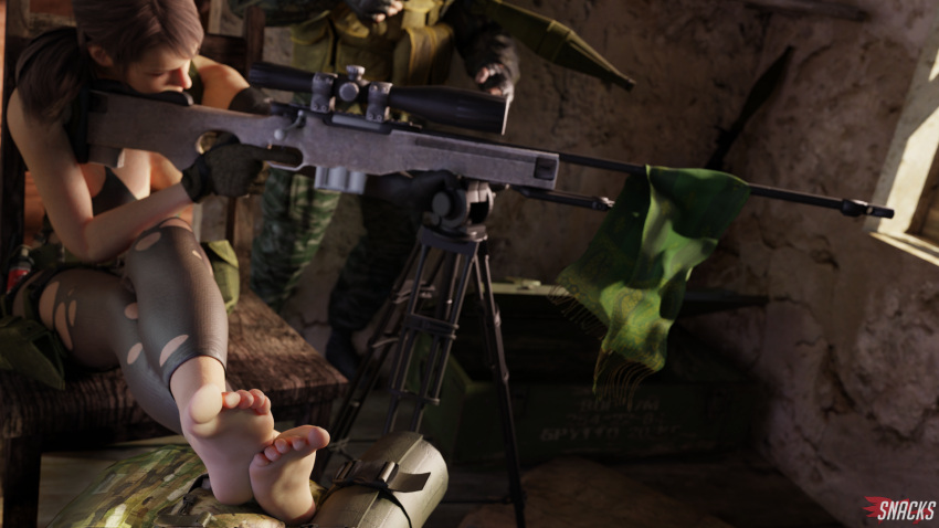 1girls 3d barefoot big_feet brown_hair feet feet_together female female_only foot_fetish foot_focus gun indoors metal_gear_solid ponytail quiet_(metal_gear) rifle sniper soles solo solo_female toes wtsnacks1